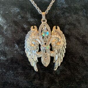 “Fleur-de-Lis Necklace w/ Angel Wings & AB Rhinestones”